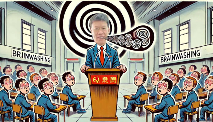 A cartoon image of a Chinese speaker standing at a podium in front of university students. The speaker is delivering a speech with exaggerated, hypnot