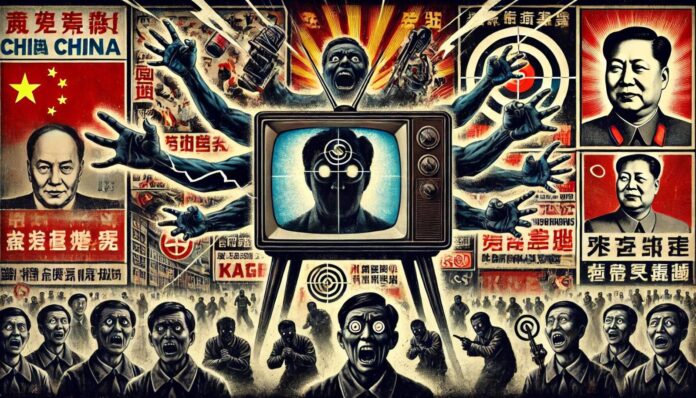 A scathing graphic focusing on the medias role in fueling xenophobia in China The image features a large old-fashioned television set at the center
