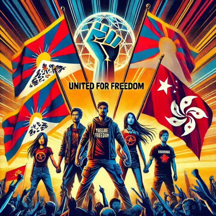 A vibrant and dynamic image showing a diverse group of young activists holding flags of Tibet, Uyghur, Taiwan, and Hong Kong.
