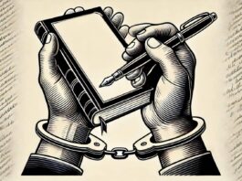 An evocative graphic showing an empty book and a pen. The hand holding the pen is handcuffed, symbolizing the suppression of freedom of expression. Th