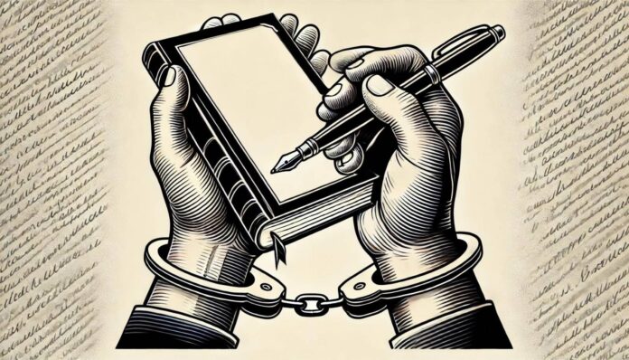 An evocative graphic showing an empty book and a pen. The hand holding the pen is handcuffed, symbolizing the suppression of freedom of expression. Th